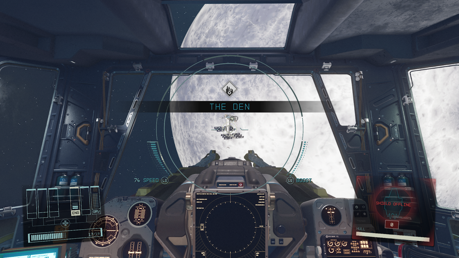 An in game image of a ship approaching The Den in the game Starfield. 