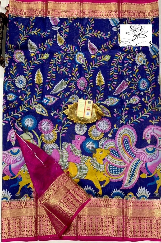 Pure Handloom Banaras dupian pattu pen kalamkari digital prints saree.