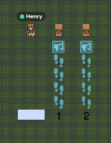 Image of an avatar standing next to two lines leading up to the podium sprites, with a megaphone symbol for broadcasting audio.