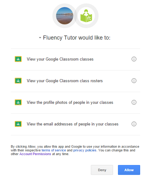 Permissions window that allows Fluency Tutor to sync with Classroom