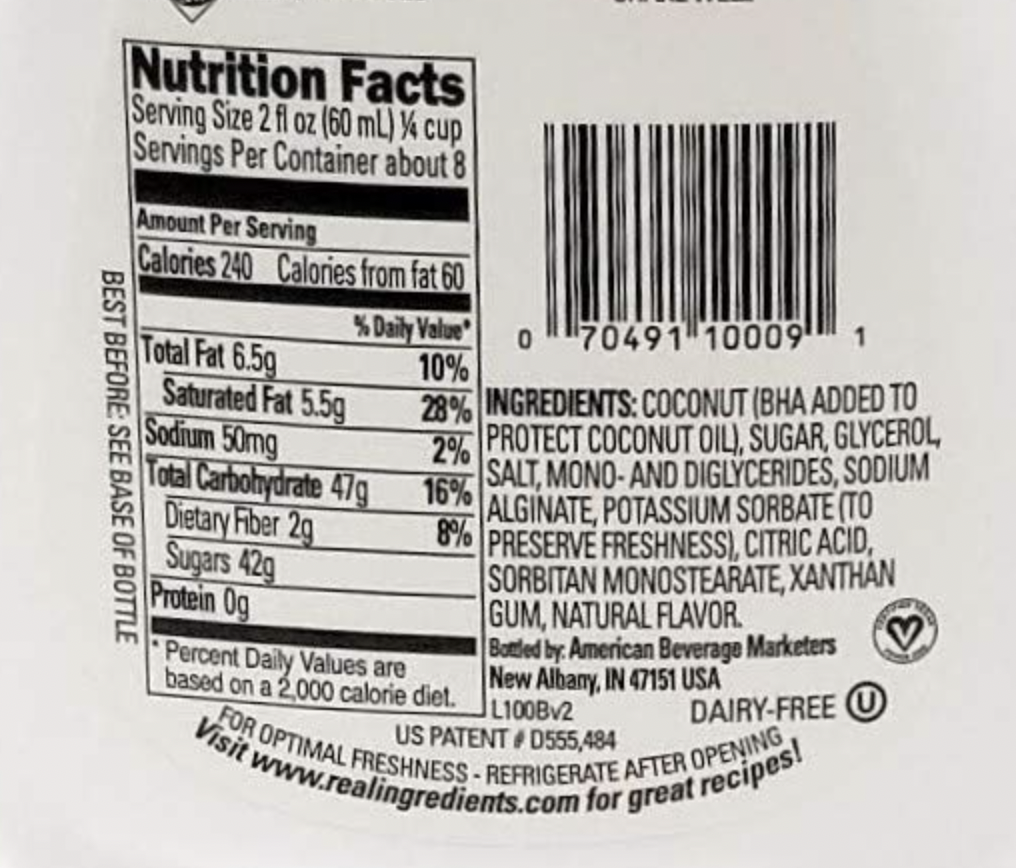 coco real cream of coconut ingredient label