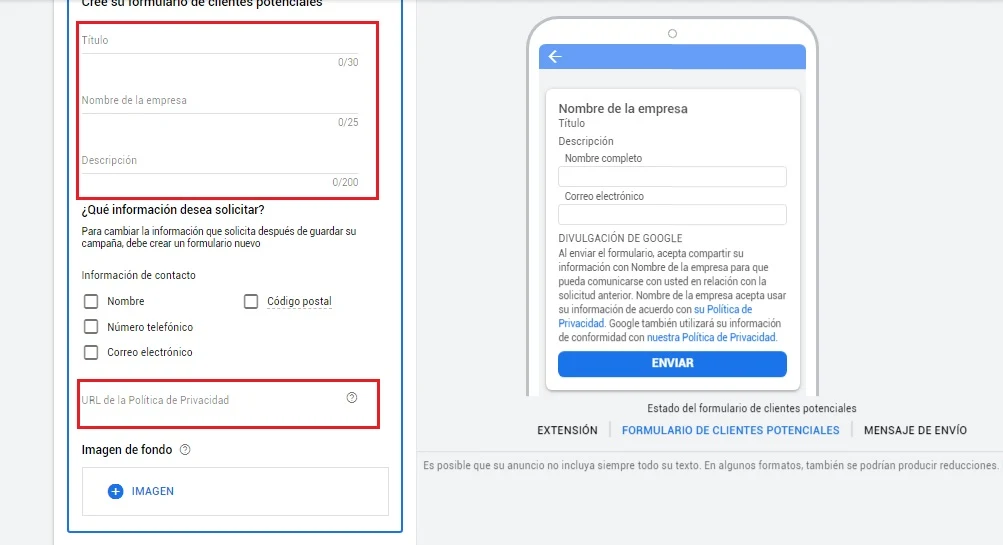 Información mensaje de formulario de clientes potenciales en Google Ads