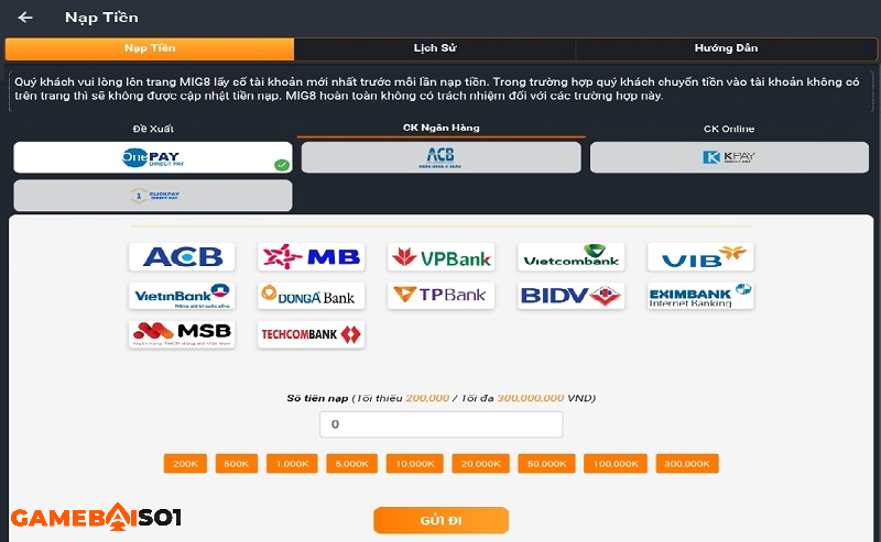nạp tiền tại mig8