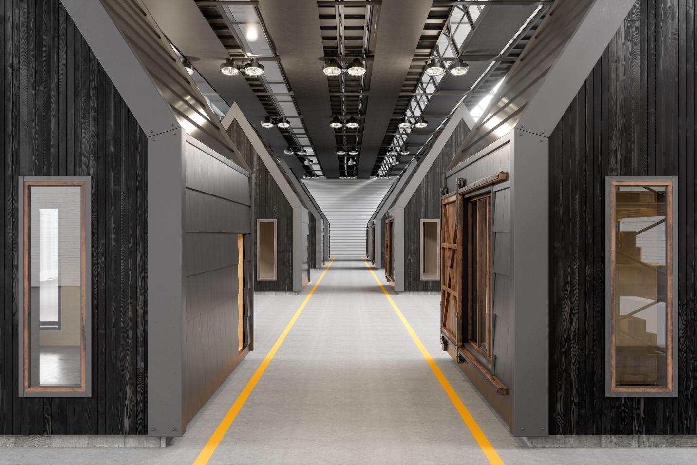 Interior of a warehouse with modular construction buildings