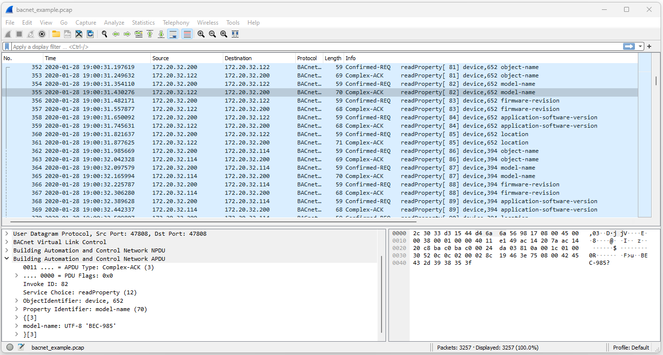 A Wireshark window displaying a packet with the model name BEC-985