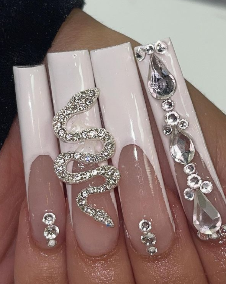 Nude Colored With Snake Diamond Birthday Nails 