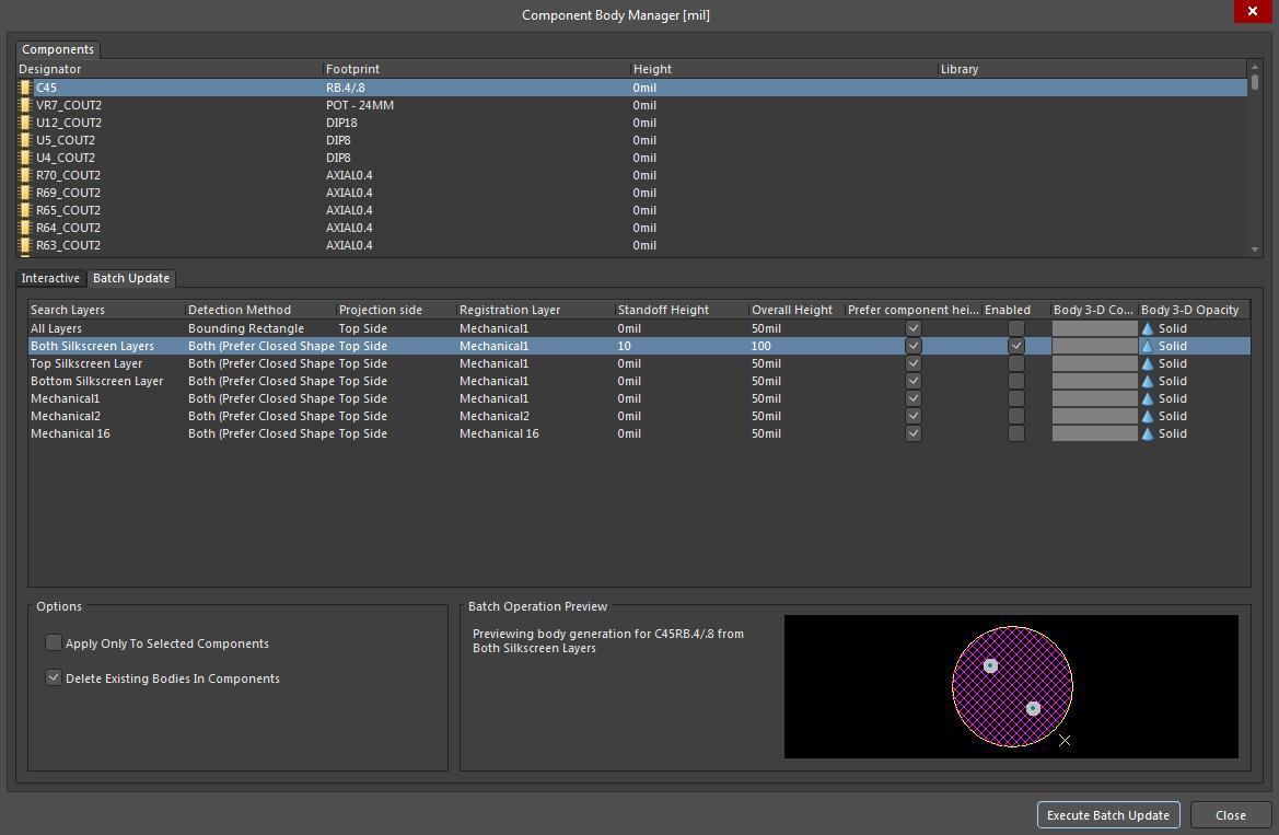 Screenshot of AD18 component body batch update settings in 3D viewing software