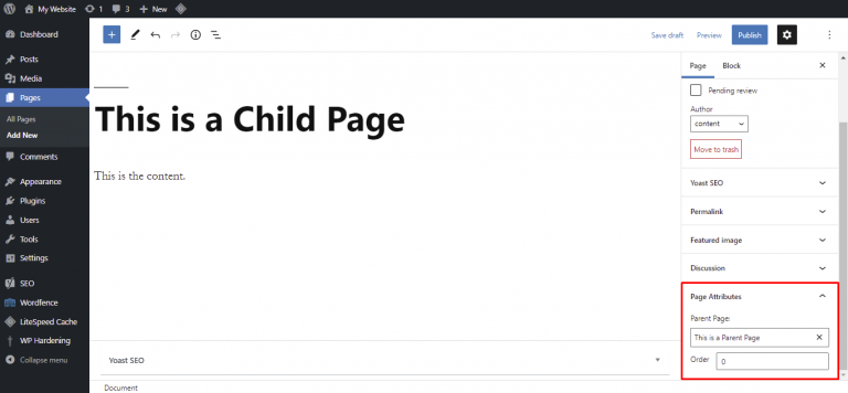 Criação de nova página no WordPress com destaque para a seção de atribuos da página indicando a parent page da nova child page criada