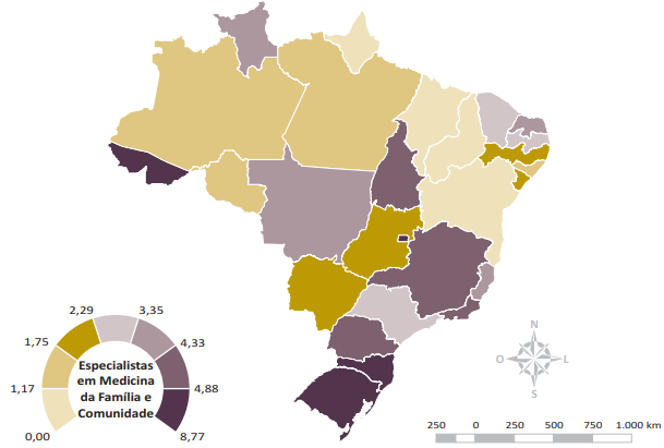 Gráfico que mostra Distribuição de médicos especialistas em Medicina da Família e Comunidade por 100 mil habitantes no Brasil em 2020