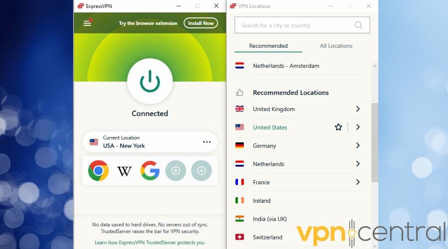 ExpressVPN connected to US server