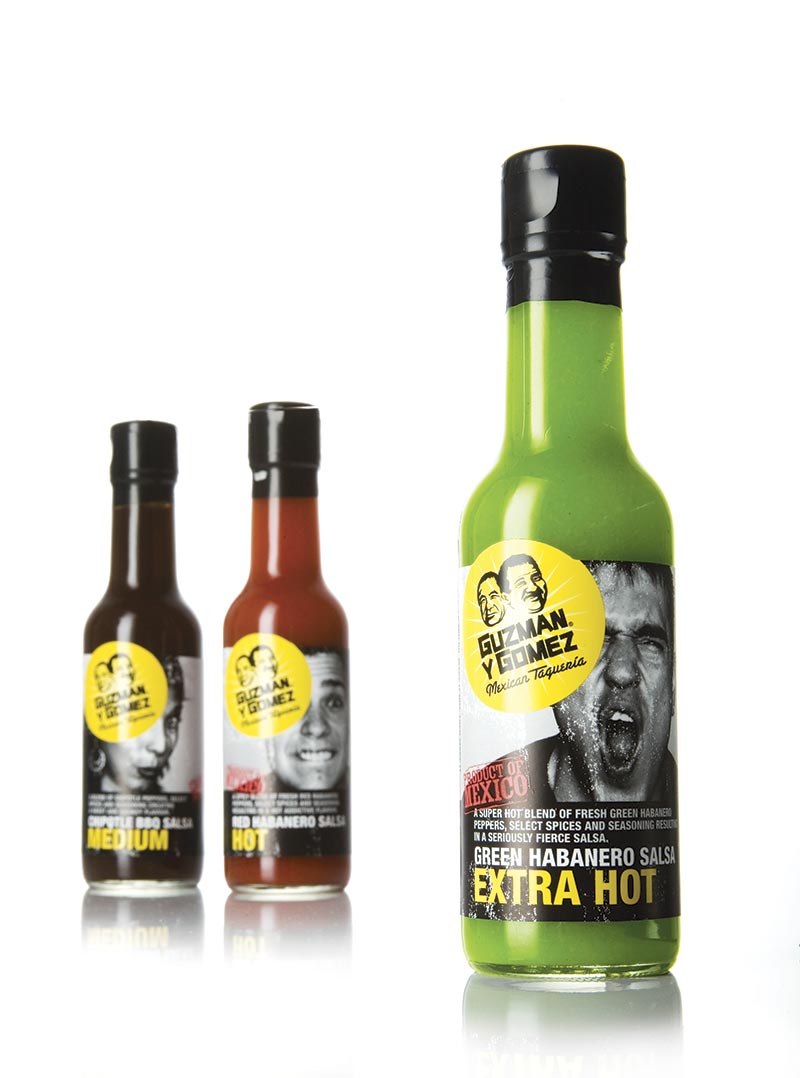 The Guzman Y Gomez sauce packaging designs feature real employees tasting the food product on the label