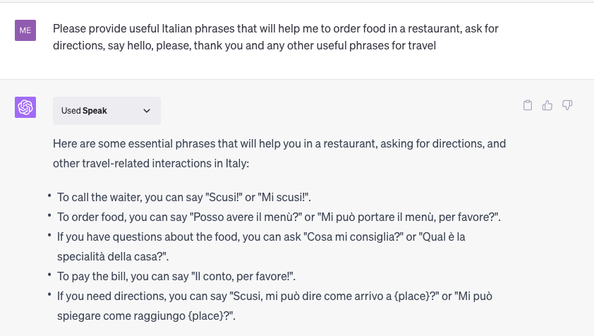 ChatGPTs basic Italian phrases