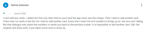 A negative Upside app review from a customer who was unable to upload a credit card to their account. 