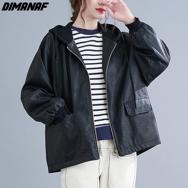 Buy DIMANAF Autumn Winter Women Clothing Oversize Bomber Jacket Coat  Leather PU Black Loose Vintage Outerwear Hooded Cotton Liner at affordable  prices — free shipping, real reviews with photos — Joom