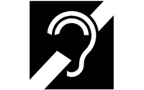 The assistive listening symbol:
A black (or brown and sometimes blue) box with the outline of an ear. There's a white slash from the top right to the lower left bottom. 