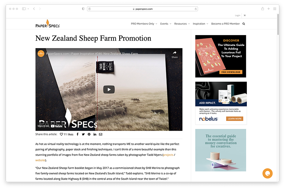 Screenshot showing an article on the website Paper Specs that features Made with Merino Wool.