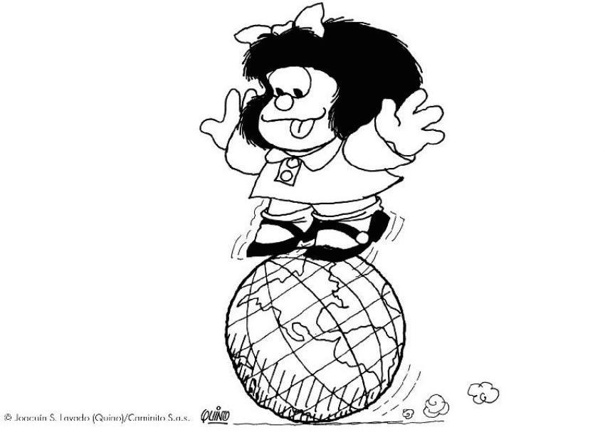 Mafalda se equilibrando sobre globo terrestre