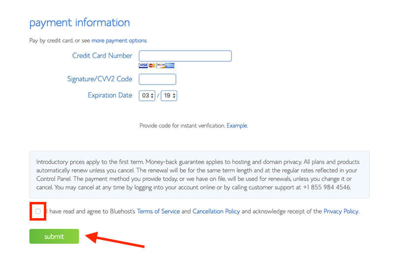 Start a Blog Payment Info Screenshot Example