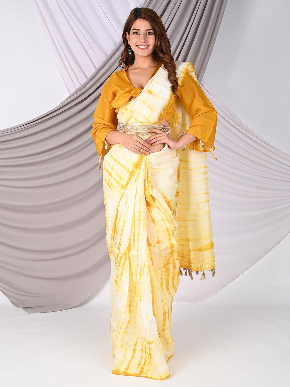 the loom-Mustard Yellow Shibori Dye Silk Saree