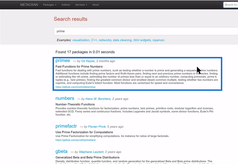 Power BI Dataset: The R Prime Number Package