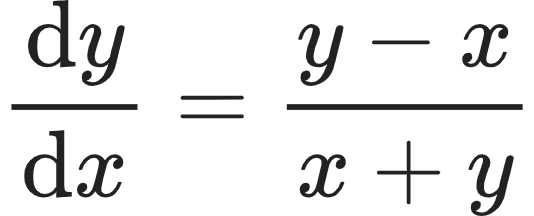 {"type":"align*","code":"\\begin{align*}\n{\\diff{y}{x}}&={\\frac{y-x}{x+y}}\t\n\\end{align*}","id":"13-0-1-0-1-1-1-1-0-1-0","font":{"family":"Arial","color":"#222222","size":10},"ts":1604225530153,"cs":"Gp9IIF8jGq/ZSq/GCkcDxw==","size":{"width":88,"height":36}}