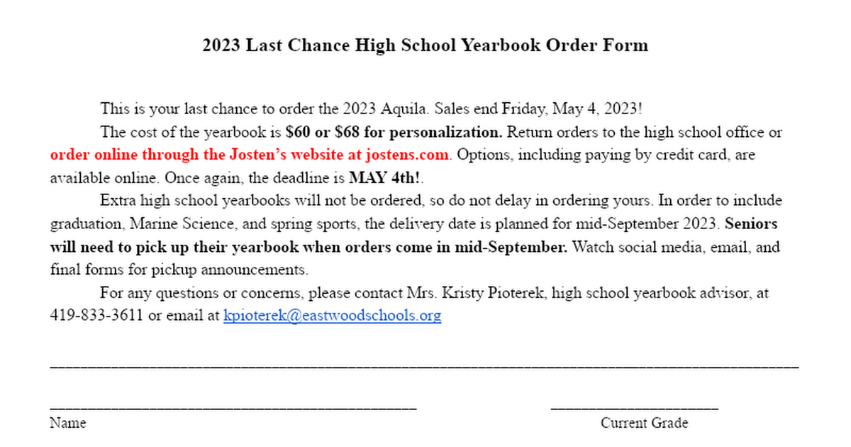 2017 Yearbook Order Form