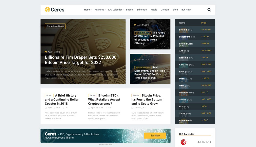 Ceres Cryptocurrency & Blockchain News Blog Tema WordPress