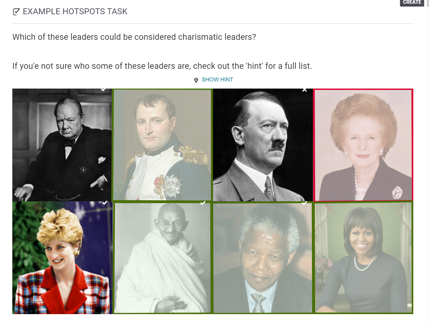 Hotspots tasks with pictures of famous leaders where learners are asked to select which of the leaders would be considered charismatic leaders.