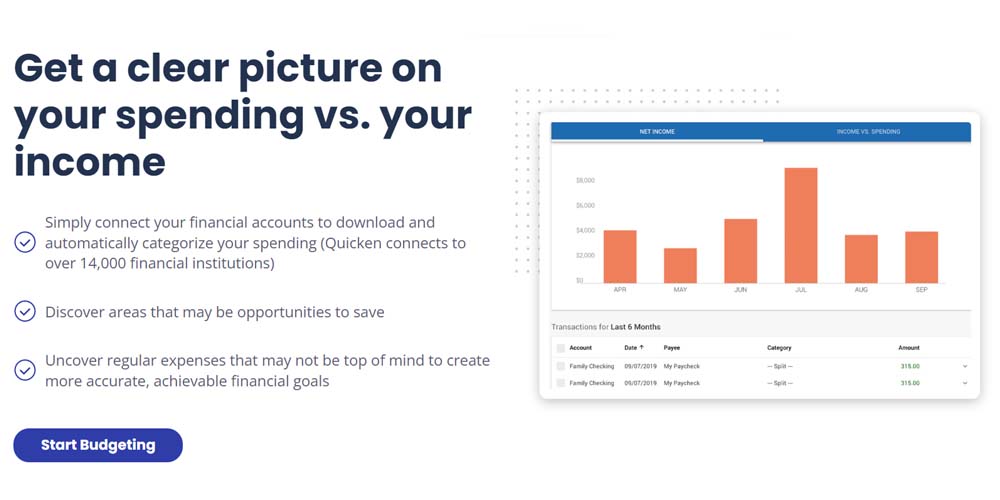 Quicken page for incomes and expenses