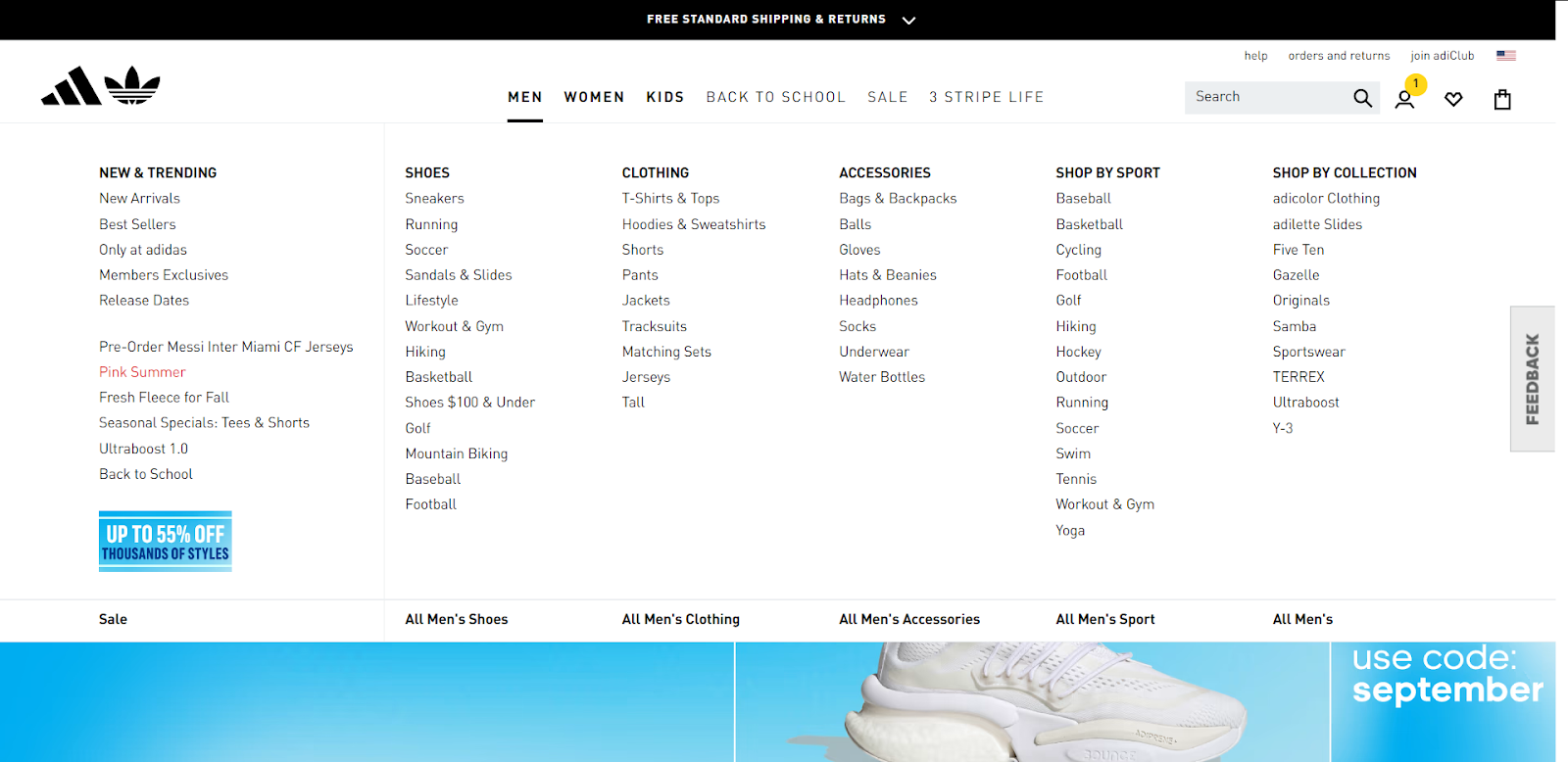 Adidas’ homepage illustrating subcategories in the navigation menu
