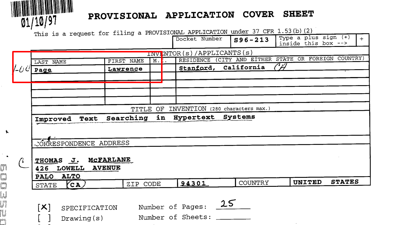 Lawrence Page's Provisional Application Cover Sheet from 1997