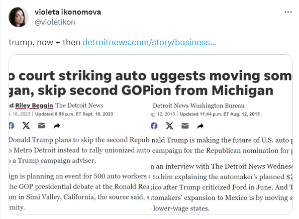 Violeta Ikonomova tweet linking to a Detroit News story about Trump's record on autoworkers