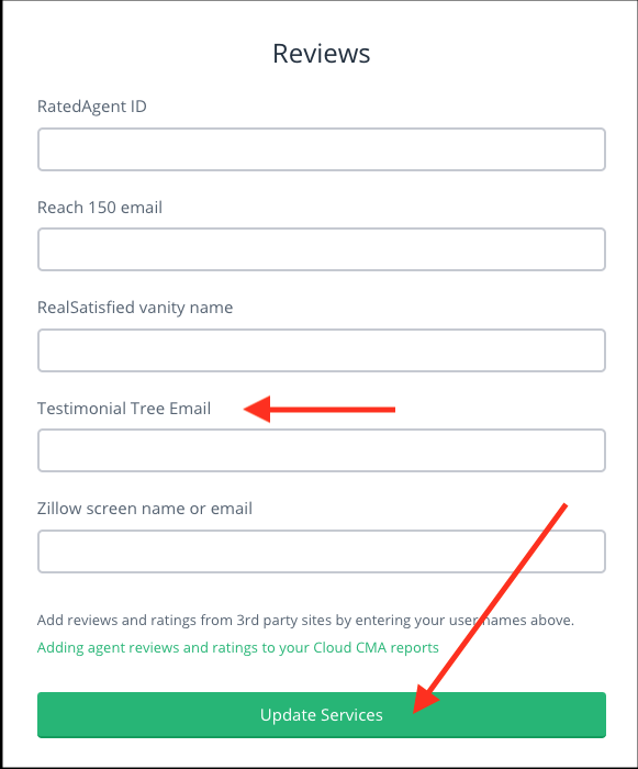 Reviews section of the integrations tab of account settings with testimonial tree email indicated.