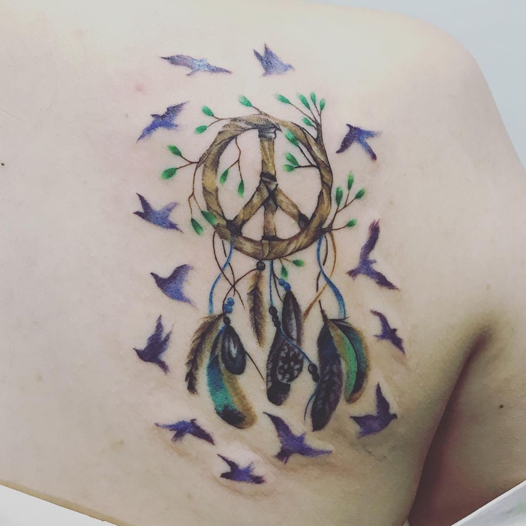 Peace Sign With Dreamcatcher Tattoo