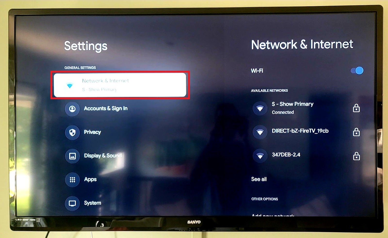 Selecting "Network and Internet" will bring you to the Wi-Fi settings area.