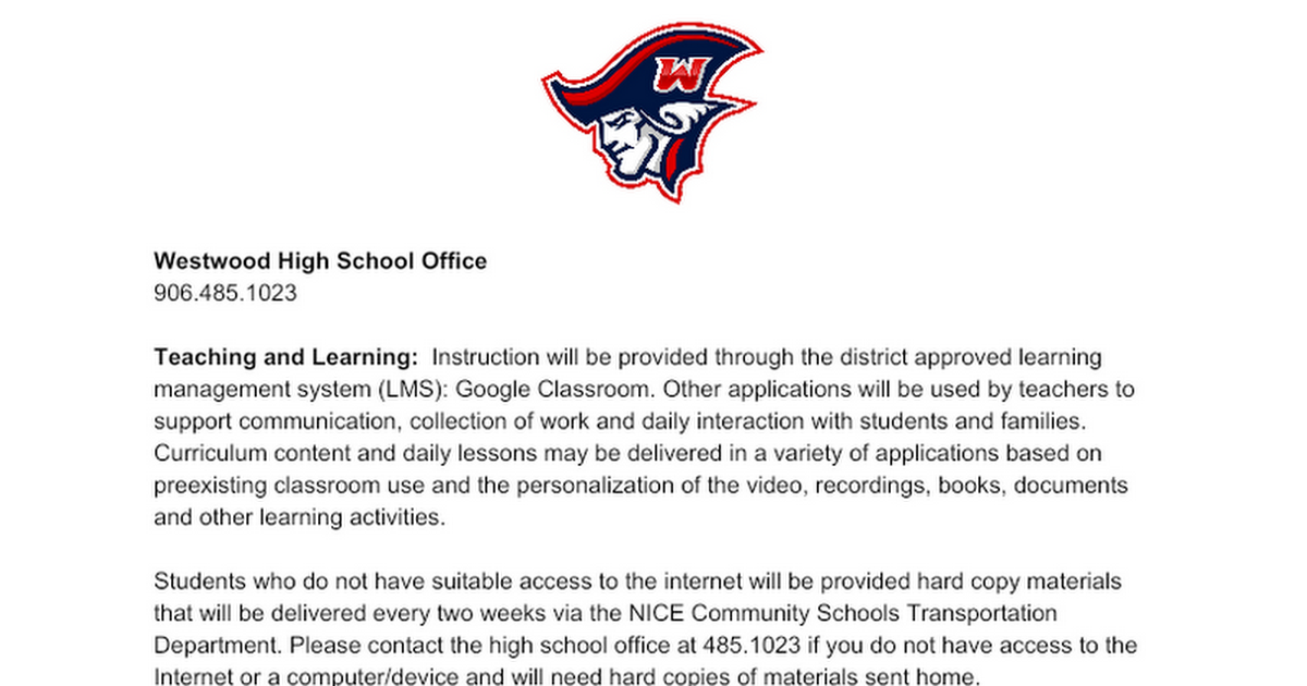 Westwood High School Distance Learning Plan