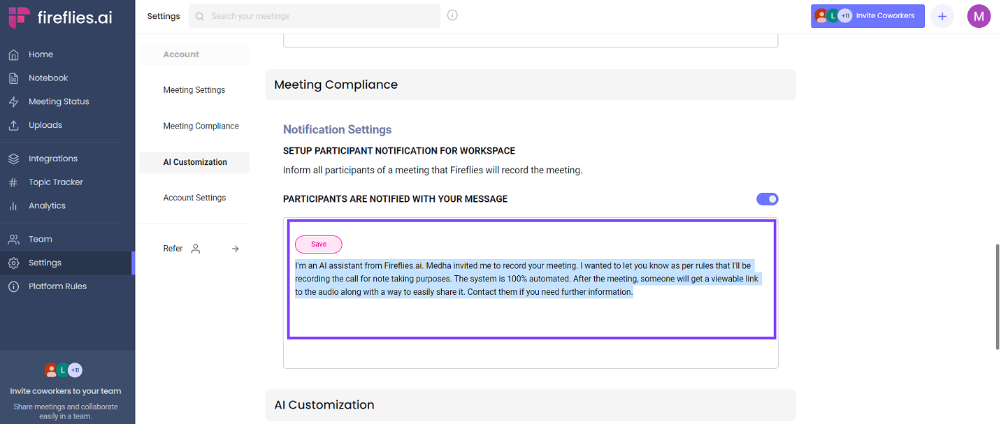Meeting compliance: email notification message