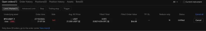 Man sieht einen Limit-Auftrag für 46.08 US-Dollar an BTC zu einem Preis von 21.500 US-Dollar pro Bitcoin - Ein Bild von okx.com.