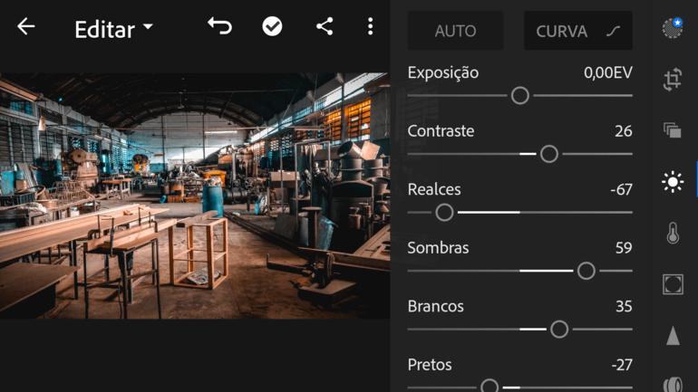 controles do  Lightroom Mobile