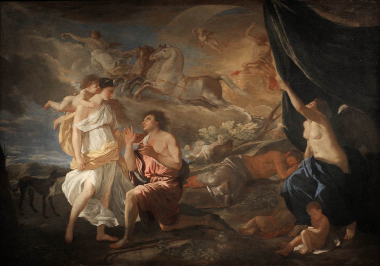 This artwork portrays Endymion kneeling before Selene, who is elegantly dressed in a white dress while he is wearing a peach-colored robe.