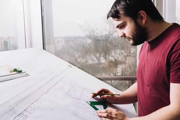Man drawing studio construction plan