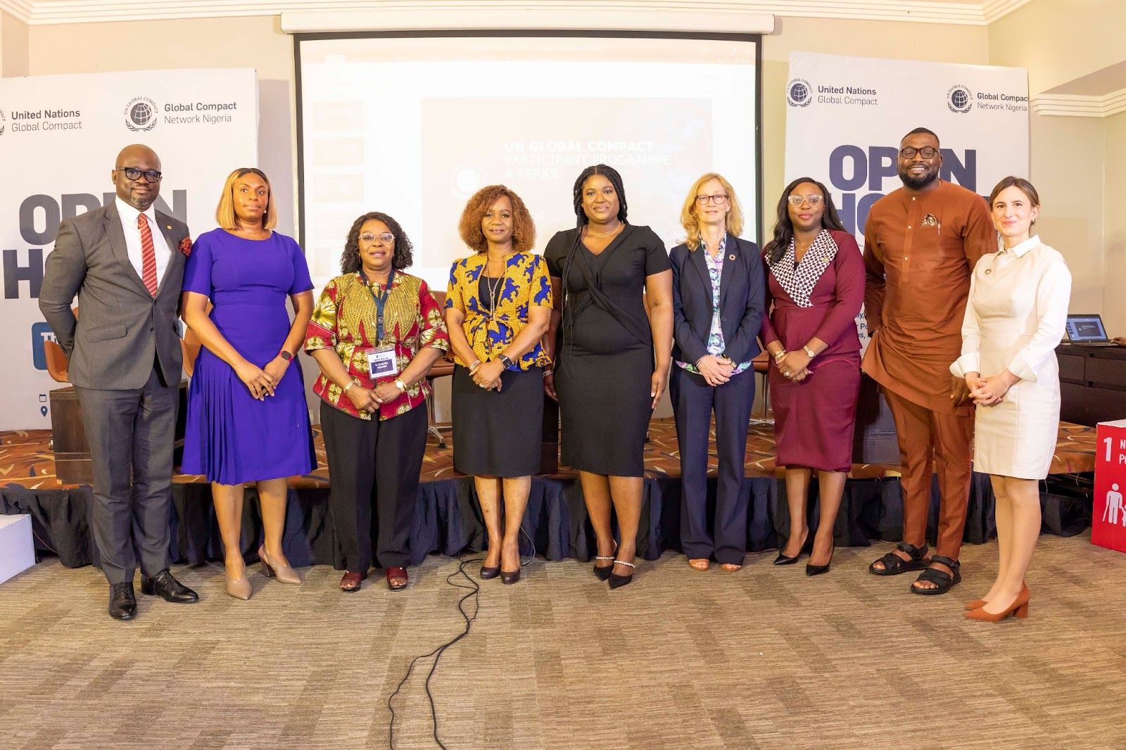 L-R James Adenuga, Group Chief HSSE & Sustainability, Dangote Group, Chinwe Okpala, Group Head, Corporate Affairs, Communications and Sustainability, UAC Nigeria Plc, Olubunmi Fabamwo, Chairman, Lagos State Civil Service Commission, Uto Ukpanah, Board Member, UN Global Compact Network Nigeria & Company Secretary, MTN Nigeria, Titilayo Giwa, Company Secretary/Head of Legal, Ripen Marine Contractors Ltd, Sue Allchurch, Chief, Outreach & Engagement, United Nations Global Compact, Tumi Onamade, Senior Manager, Participant Engagement & Programmes, UN Global Compact Network Nigeria, Adebisi Adeoti, Country Manager, Dow Chemicals, and Meghan Black, Senior Manager, Participant Engagement, United Nations Global Compact, at the Open House in Lagos on Friday, 17 June 2022.