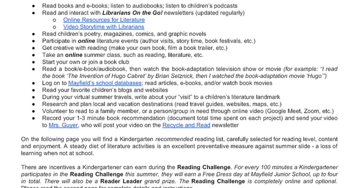 Kindergarten Summer Reading 2020