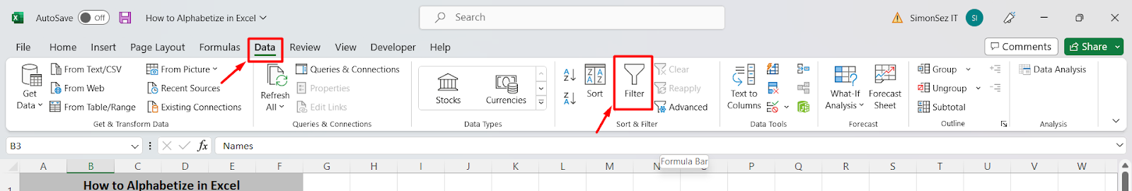 how to alphabetize in Excel- Filter icon