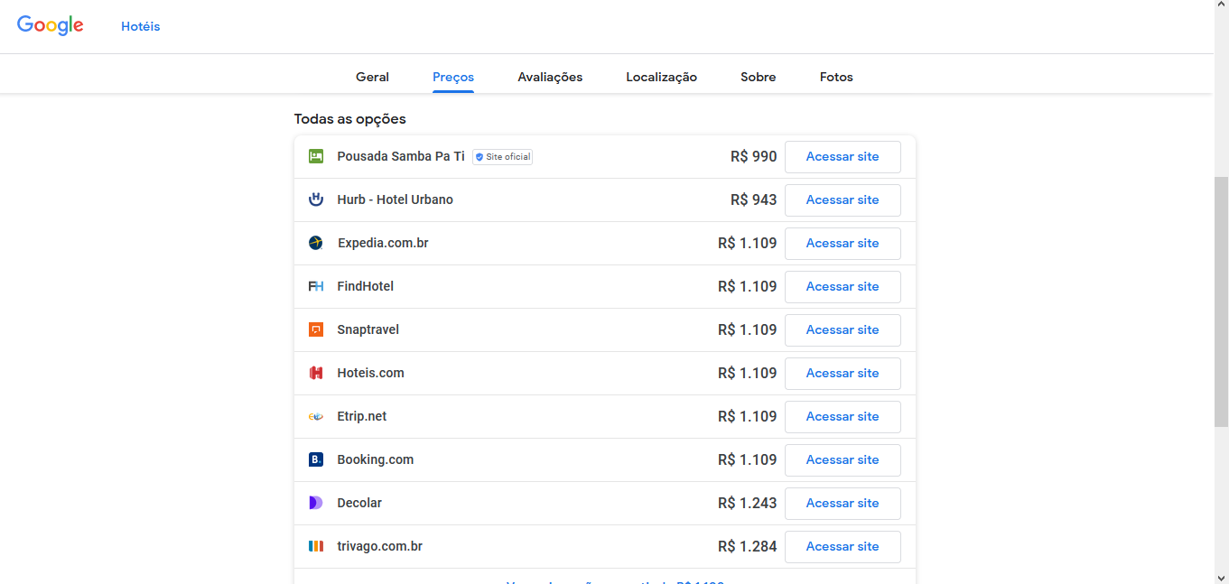 captura de tela mostrando sites e preços das diárias na pousada samba pa ti