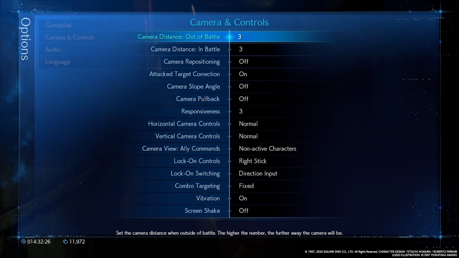 Camera and controls options menu.