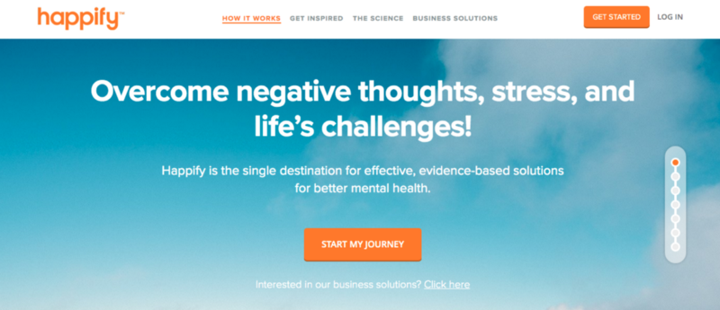 Screenshot of Happify's landing page with a heading that says "overcome negative thoughts, stress, and life's challenges."