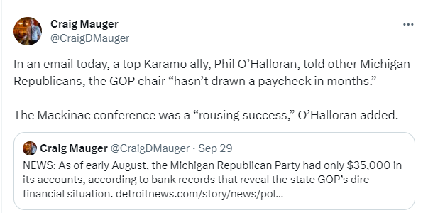 Screenshot of Craig Mauger quote tweeting his previous tweet about MIGOP's finances