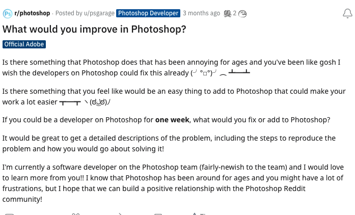 Photoshop official post in the r/photoshop subreddit.