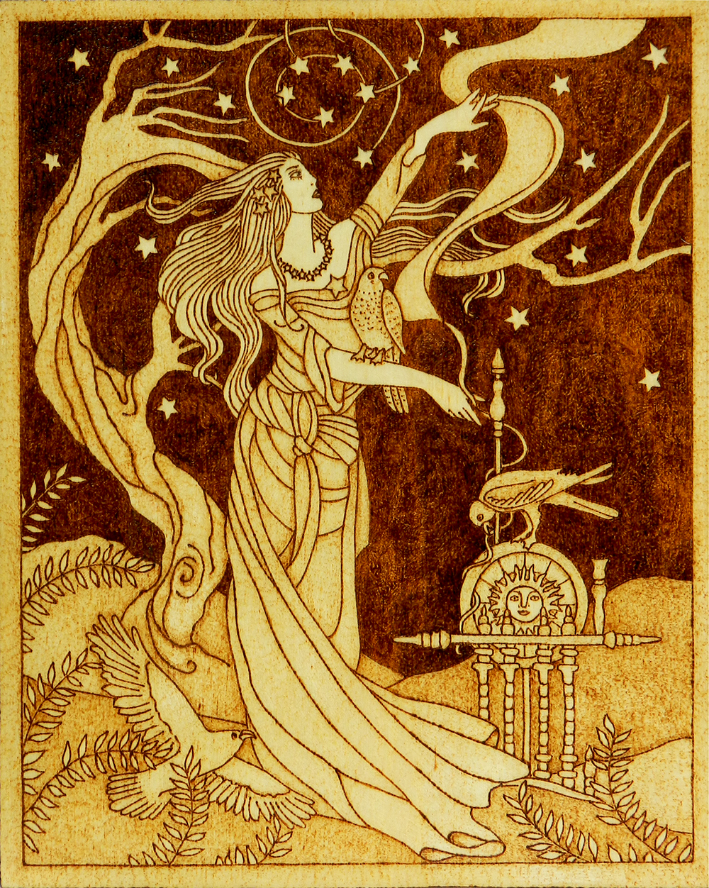 The illustration depicts Frigg in a flowing gown gazing up at the night sky. 